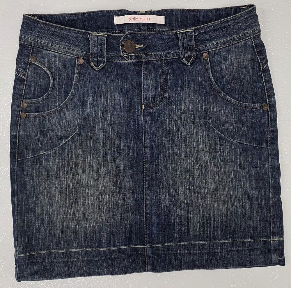 Vintage Xhilaration Y2K Denim Mini Skirt Dark Wash Size 1 Contrast Stitching